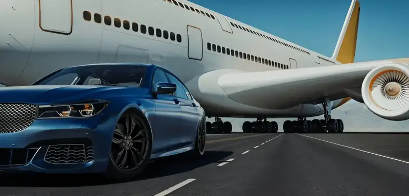 Taxi transfert aéroport — voiture devant un avion